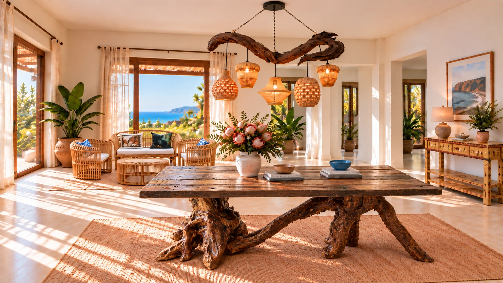 Four-plank Sleeper Wood table with natural root supports in the foreground, Bali sofa set by the rear window, Savanna chandelier and Khoisan console in a dining-room setting