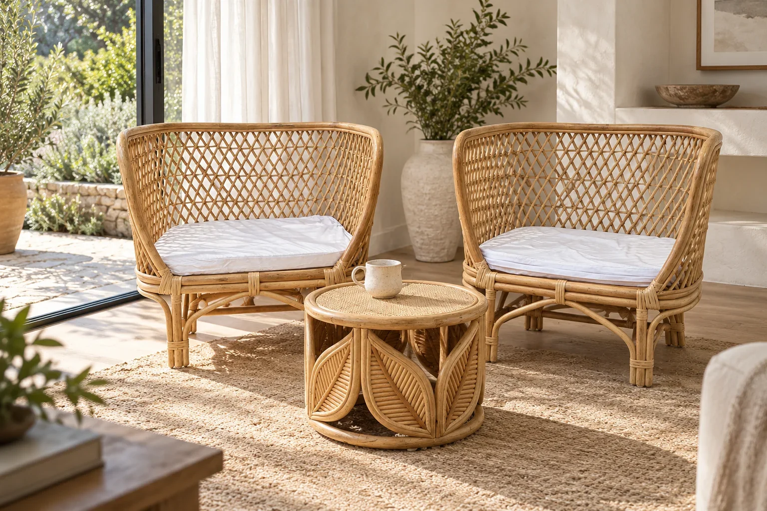 Bali lattice lounge set in a coastal home interior